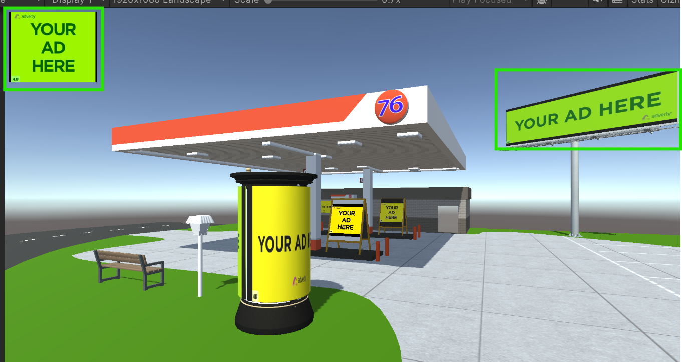 In-game view showing ad placements highlighted with green tint