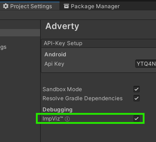 Unity Project Settings showing ImpViz enabled under Debugging
